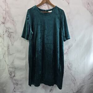 J Jill Dress Womens Large Green Crushed Velvet Shift Keyhole Puff Half Sleeve